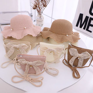 * Título Do Produto : Novo Chapéu De Sol De Praia Infantil Com Bolsa Crossbody Elegante De Princesa-Adorável Conjunto De