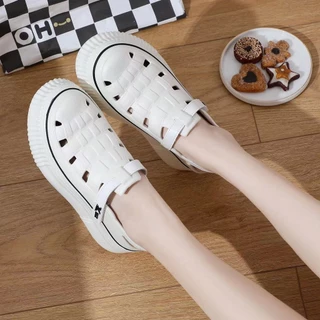 Sandálias De Alças Perfuradas Femininas Com Velcro , Sapatos Femininos Estilo Romano Respiráveis , Chinelos Planos Antiderrapantes