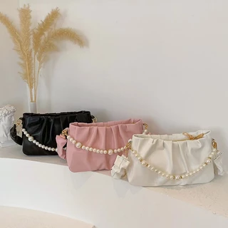Saco De Couro De 1 Peça Com Corrente De Pérola Branca Decorada , Menina Zíper Ombro Versátil Cor Sólida , Aniversário , Presentes De Natal De Ano Novo