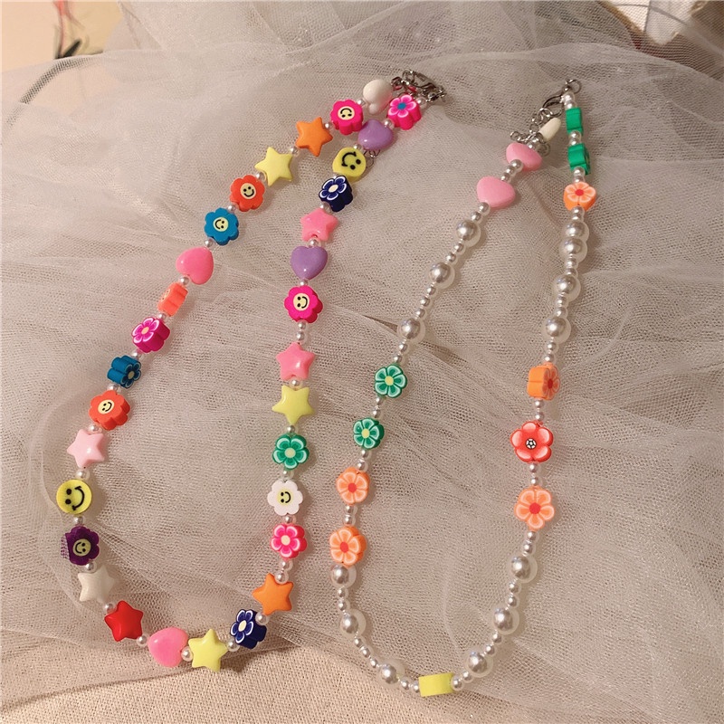 Colar De Contas Coloridas De Cartoon Flower Smile Face Necklace Para Jóias Femininas Acessórios