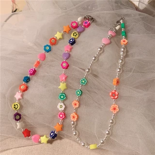 Colar De Contas Coloridas De Cartoon Flower Smile Face Necklace Para Jóias Femininas Acessórios