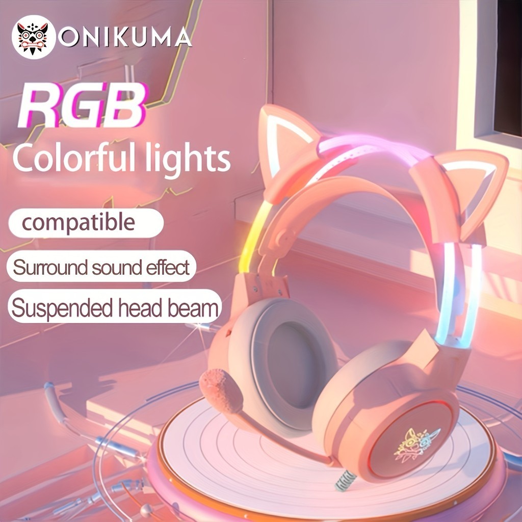 ONIKUMA X15 Fone de Orelha Rosa com Luzes Dinâmicas RGB e Cancelamento ...