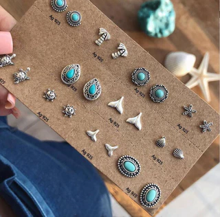 Novas Jóias Jóias Estilo Europeu Americano Estilo Europeu Americano Estilo Turquesa Esculpida Estrela do Mar Tartaruga Tartaruga Marinha Conjunto Combinado de 11 peças Brincos