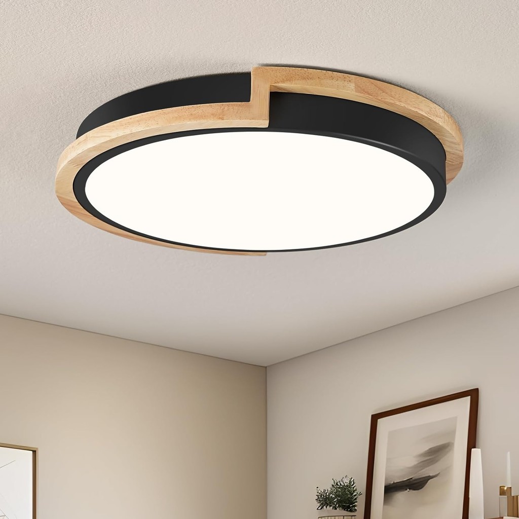 Luz De Teto LED De Arte Em Ferro Com Borda De Madeira , Escurecimento De Três Cores De 48 W , Simples E Moderno , Adequada Para Quartos , Cozinhas , Restaurantes Corredores
