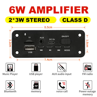 Placa Decodificadora MP3 3.7-5V Bluetooth 5.0 MP3 Amplificador De 6W Suporte A Gravação De Chamadas 3.5mm USB TF FM Para Módulo Alto-Falante De Carro