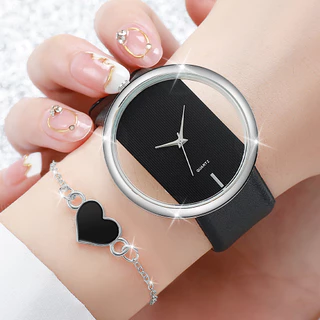 Relógio de Quartzo Ladies Watch Fashion Hollow Cinto de Discagem Grande + Pulseira Coração