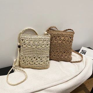 Moda borla saco de palha novo estilo mão-tecido saco de praia Cross-corpo All-Match Seaside férias bolsa de ombro saco do telefone móvel