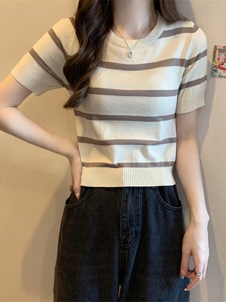 Camiseta de Verão Fina de Seda Fina de Verão Fina de Seda Slim-fit 2024 Novo Estilo Cintura Alta Camiseta Manga Curta Trendy
