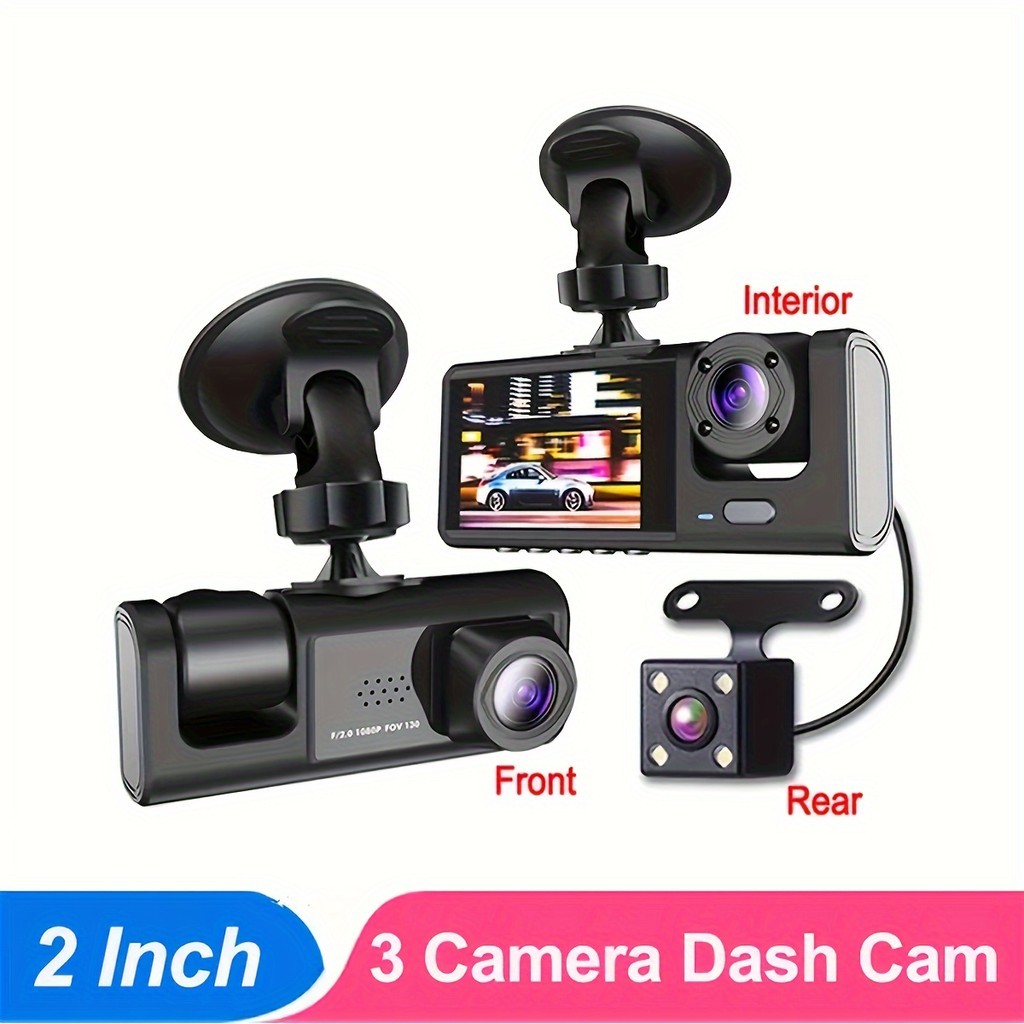 Câmera Dashcam 3 Canais 1080P IR Night Vision Gravação de Loop DVR 3 ...