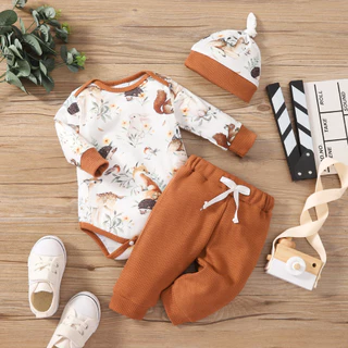 Baby Boy Spring Primavera Outono Romper de manga comprida de três peças Romper de manga comprida de três peças Romper +Trousers+Hat