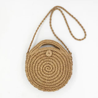 Saco de Papel Redondo de Corda Saco de Palha Mini Saco de Praia de Tecido Cross-body Saco Casual Feminino