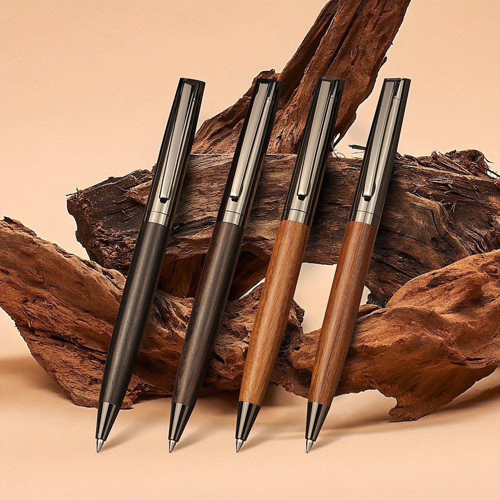 Caneta Esferográfica de Madeira Natural Fresca com Caixa de Estanho Preto ou Bronzeado