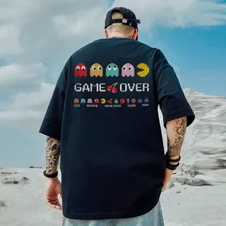 M-5XL Camiseta De Manga Curta Estilo Americano De Rua Para Homens Com Gola Redonda Pac-Man Game Print Graphic Tees Fashion Oversized Tops Preto Branco