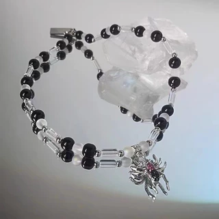T Trendy Colar de Aranha Preto Escuro com Pingente de Aranha Preto Escuro Colar de Contas Redondas Homens Curtos Mulheres Colar de Corrente de Clavícula Hip-Hop