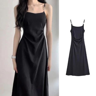 Vestido Preto Sling Preto Feminino Verão 2024 Novo Estilo Cintura Estreita Slimmer Look High-End Feeling Temperamento Hepburn Style Little Black Dress