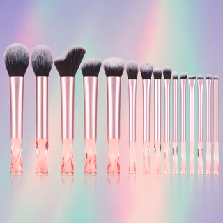Conjunto de Escova de Maquiagem Profissional Conjunto de Escova de Cristal Cabo de Cristal Big Mac Pacote de 15pcs Rosa de Alta Qualidade Contém Escova em Pó Solto Escova de Pó Blush Escova de Contorno Escova de Sombra Destaque Escova de Maquiagem Ferrame