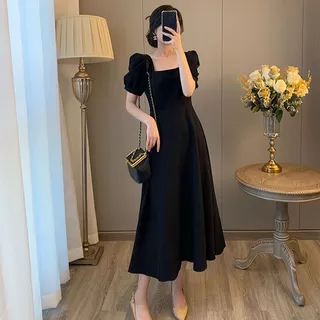 Novo Estilo de Vestido de Pescoço Quadrado Preto Vestido de Verão Sobre o Joelho Casual Slim-
