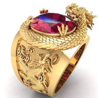 Huitan Ouro De Luxo Cor Dragão Padrão Homens Anéis Incrustados Grande Pedra Vermelha Oval Nobre Festa De Casamento De Dedo Jóias Da Tendência Masculina