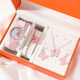 Relógio De Desenho Animado Infantil Kegllect Unicórnio Arco-Íris Padrão & Conjunto De Jóias Borboleta Rosa De Aniversário Sem Caixa
