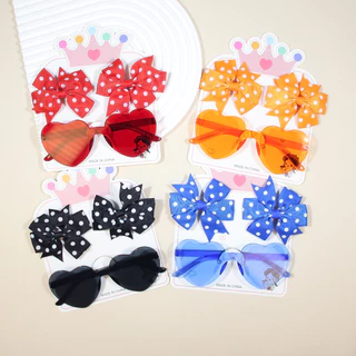 3 Pçs/Set Crianças Bonito Sólido Ponto Hairpin Colorido Coração Óculos De Sol Conjunto Meninas Boutique Bowknot Grampos