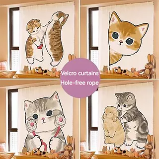 Ins Desenho Animado Bonito Cura Gato Velcro Cortinas Divisórias De Cozinha Quarto Banheiro Pano Sombra Perfuração Livre