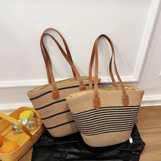 Summer New Straw Bag Saco De Palha Listrado Estilo Ocidental Praia Férias Feminino Tote