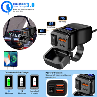 PD QC3.0 Carregador Celular Rápido Motocicleta Água Tipo C Soquete Conector Móvel Voltímetro Carga Digital