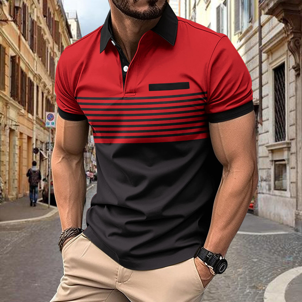 Homens Verão Manga Curta Respirável Diariamente Pólo Camisa Pólo Casual Camisa Pólo Casual Moda Listrada Costura Casual Lapela Top