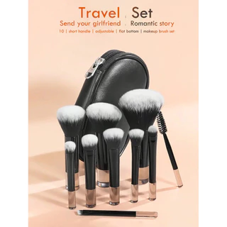 10 Conjunto de Escova de Maquiagem Portátil com Cabo Curto Preto com Saco de Armazenamento Inclui Escova Blush Escova em Pó Solto Escova para Sombra Escova para Sobrancelhas Escova para Sobrancelhas Escova para Sobrancelhas
