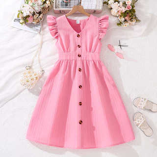 Vestido Simples e Generosa para Meninas de 8-12 anos de Verão em Cor-de-Rosa