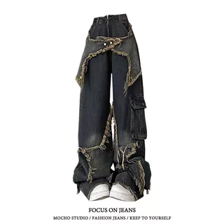 American Retro Loose Retro Loose Slimmer Look Jeans Jeans Mulher Desenho de Mola Sentir-se de Borda Bruta Calças de Limpeza de Piso Reto Calças de Perna Larga Trendy