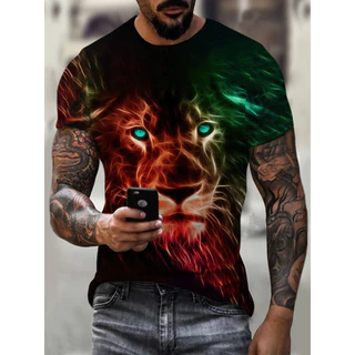Camiseta masculina estampada com estampa de leão 3D, gola redonda, manga curta, camiseta Casual de verão, adequada para 