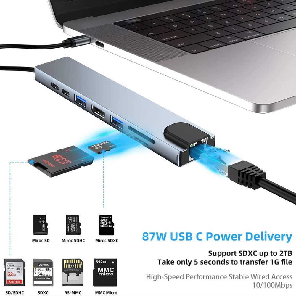 8 Em 1 Hub USB C Tipo-Para Multiportas 4K HDMI RJ45 PD Carga Leitor De ...