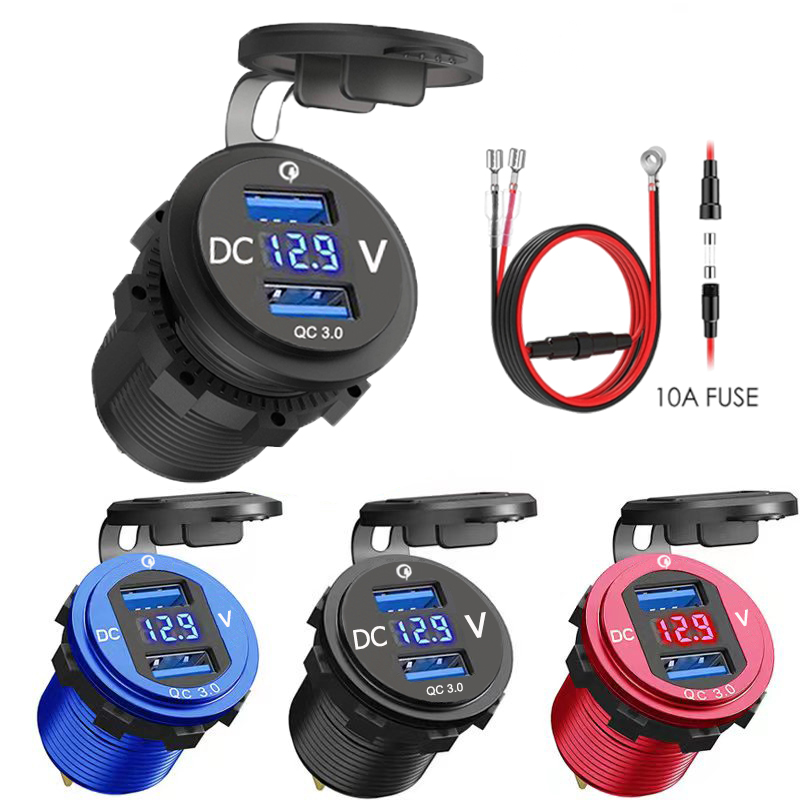 12/24V Alumínio Metal 36W QC3.0 Dual USB Carregador De Motor Para Carro Tomada À Prova D'água Com Interruptor Voltímetro Adaptador De Carga Rápida