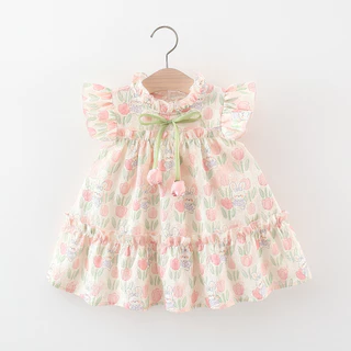 Vestido De Algodão Para Bebê Menina Flor Coelho Estampado Princesa Com Laço De Tulipa