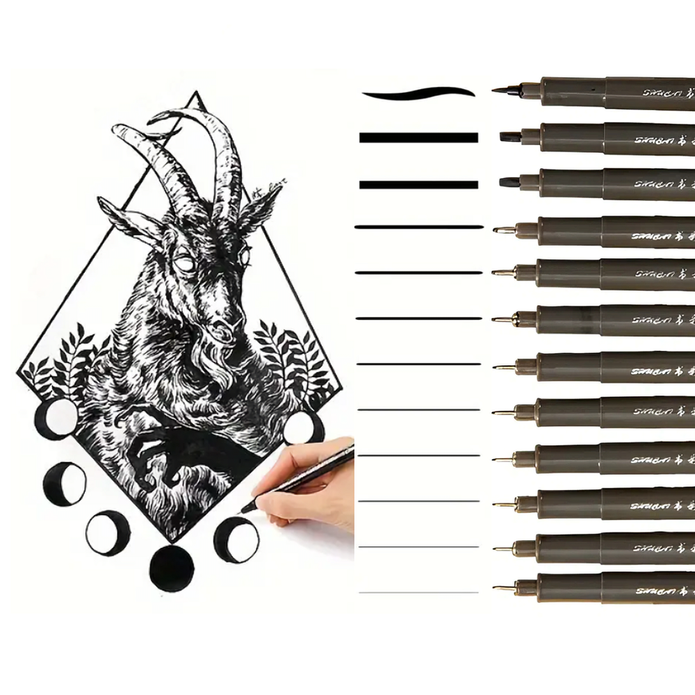Conjunto De Canetas Marcadoras FineLiner De Precisão De 12 Pacotes : Fino , Médio E Dicas De Pincel Para Desenho , Pintura , Esboço Escrita-Tamanhos Variados De 0,05mm A 3mm