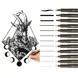 Conjunto De Canetas Marcadoras FineLiner De Precisão De 12 Pacotes : Fino , Médio E Dicas De Pincel Para Desenho , Pintura , Esboço Escrita-Tamanhos Variados De 0,05mm A 3mm
