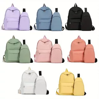 Conjunto De 2pcs Mochila Feminina De Nylon De Alta Qualidade Grande Capacidade Para Adolescente Cor Sólida Comutação Escolar