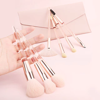 Conjunto De Pincéis De Maquiagem Em Pó Transparente 7 Unidades Com Logotipo + Bolsa Triangular