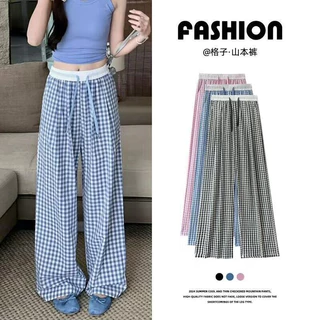 Calça Yamamoto Azul Xadrez Para Mulheres De Verão De Cintura Alta E Casual