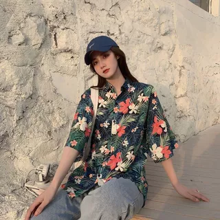 Havaiana Tendência Tropical Chiffon Impresso Camisas De Manga Curta De Verão Camisa Casual De Lapela Floral De Colarinho Meia