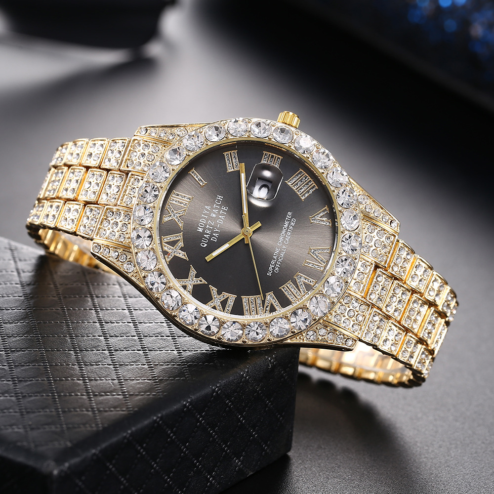 CdyBox Orologio Da Uomo Hip Hop Con Strass E Calendario: Cinturino In Acciaio Inox, Quadrante 43 Mm, Romano, Regalo Lusso