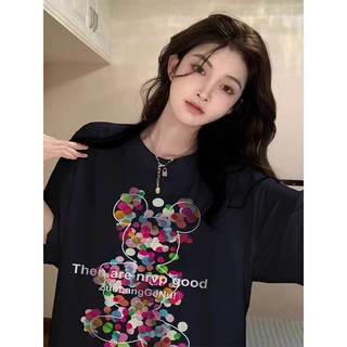 Urso Arco-Íris Camiseta de manga curta estampada Mulher 2024 Summer Ice Silk Cool Feeling Loose Fashionable All-Match Slimmer