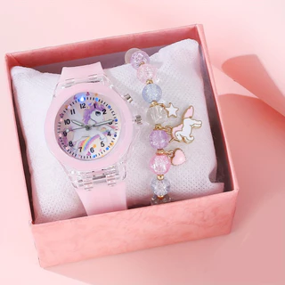 Relógio Unicórnio Para Crianças De Discagem Circular Pulseira De Quartzo Conjunto De Pulseiras Luminosas
