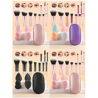 Conjunto de pincéis de maquiagem portátil com 10 alças curtas + 4 Puffs com bolsa de armazenamento Inclui pincel de Blush Pincel de pó solto Pincel de sombra Pincel de cílios Pincel de sobrancelha Pincel de manchas Conjunto de ferramentas de maquiagem