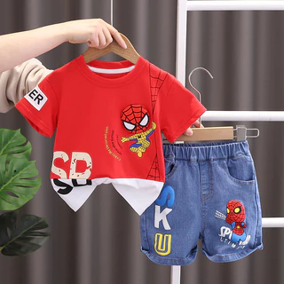 Kids Baby Boys Summer Clothes Sets Infant Cartoon Spiderman CottonT-shirt + Calção De Ganga 2Pcs Roupa De Criança