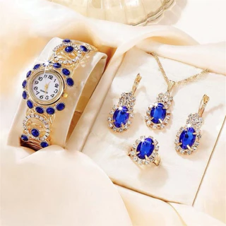 Um Relógio de Pulseira de Senhoras de Moda Tudo em Combinação + Conjunto de Jóias de Quatro Peças