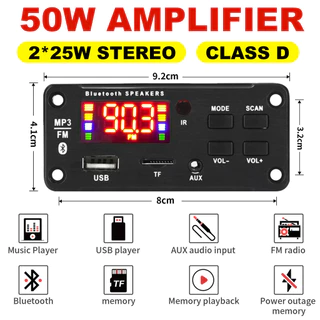 Amplificador De 50W Tela Colorida Placa Decodificadora MP3 2 * 25W MP3 Player 12V Bluetooth5.0 Módulo USB FM AUX Gravação De Rádio Mãos-Livres