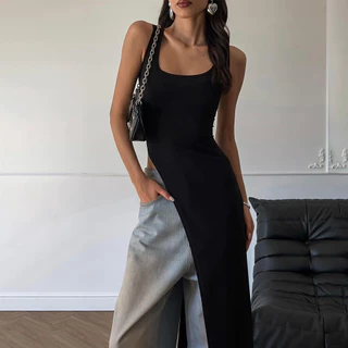 Estilo Americano Street Hot Girl Sleeveless Split Vest Assimétrico Saia Longa Moda Top