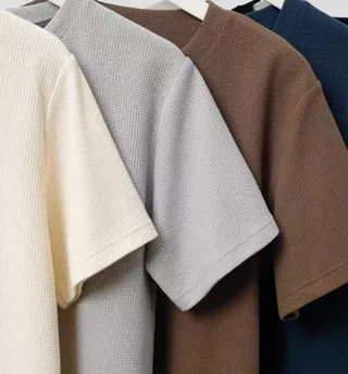 Camiseta Waffle T-Shirt Cor Sólida Versão Rede Solta Topo Curto Manga Redonda Pescoço Redondo Casual Homem Mulher Mesmo Estilo